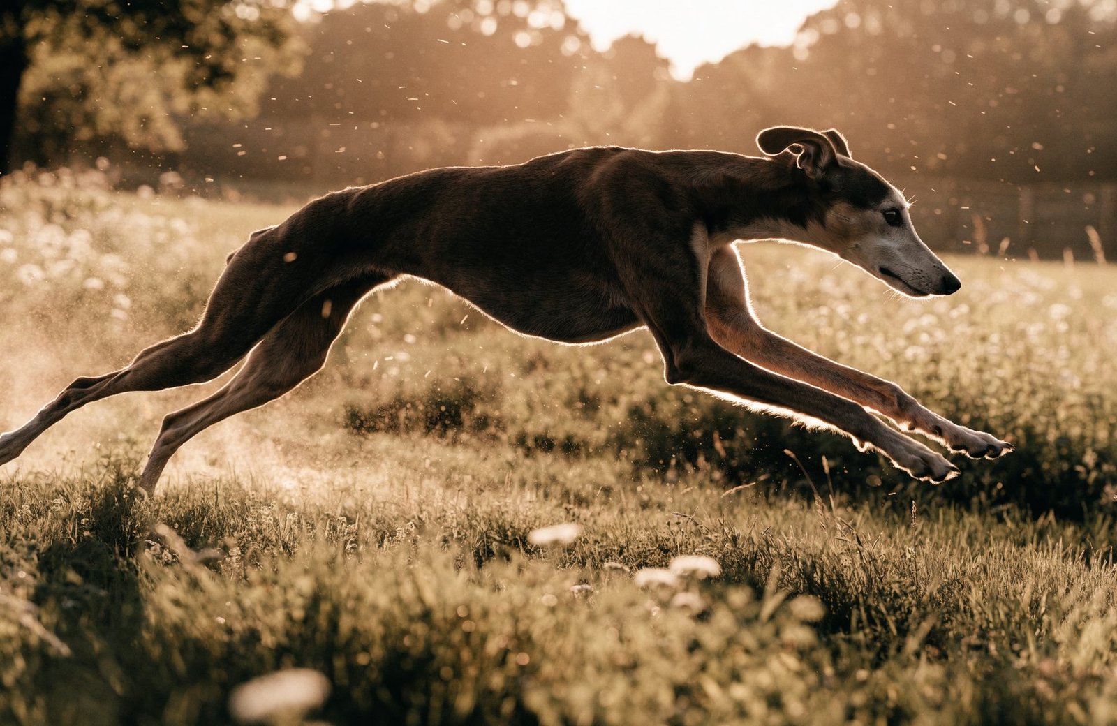 A sighthound at full stretch, coursing at golden hour