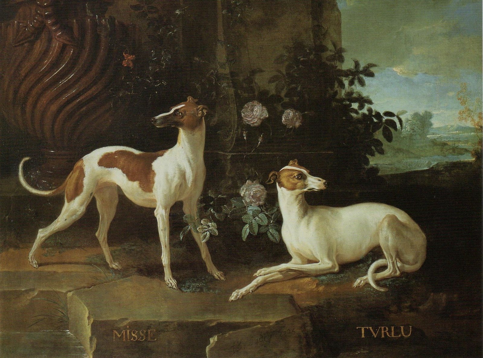 Misse and Turlu, two greyhounds, painted by Jean-Baptiste Oudry in 1725
